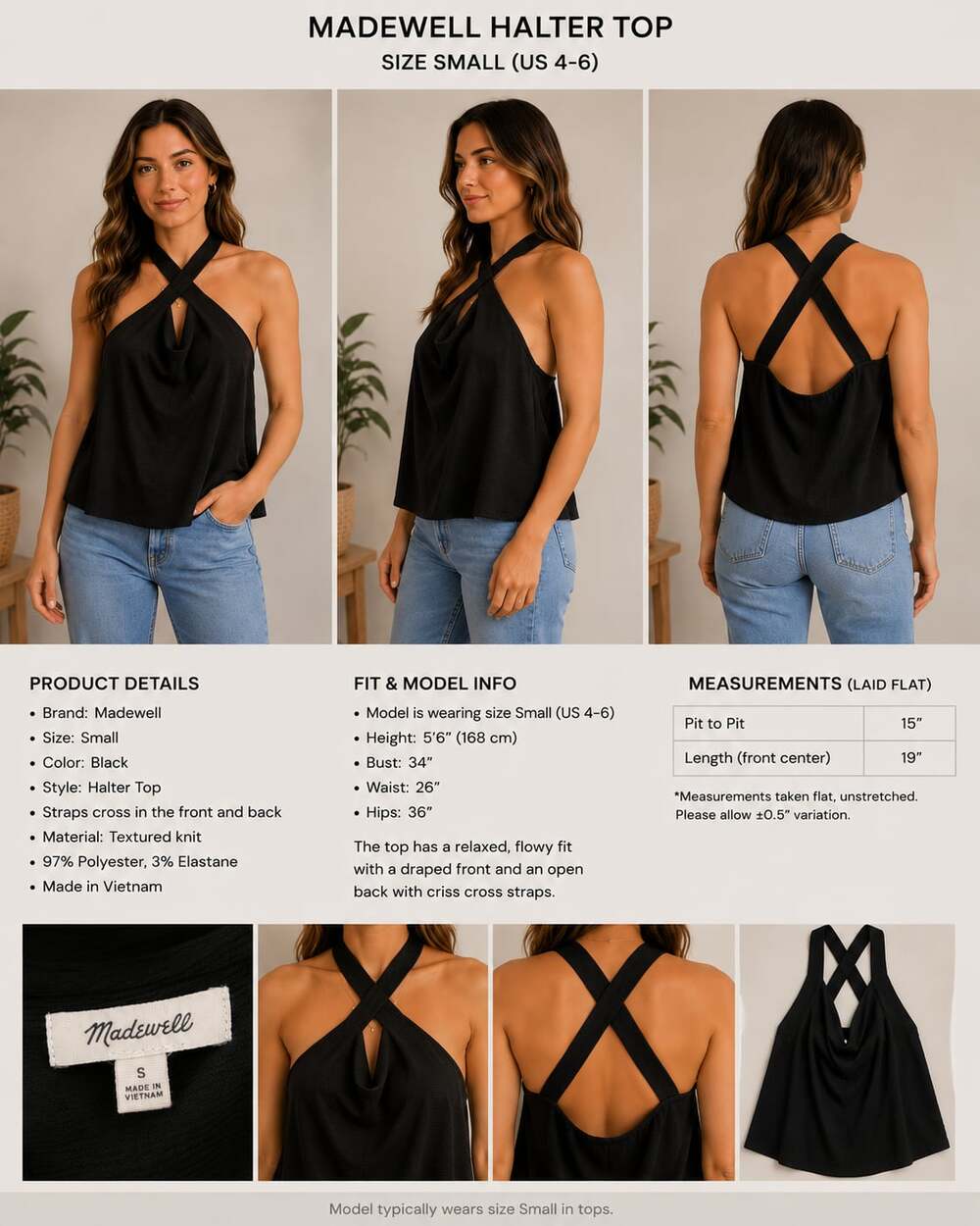 Madewell Womens Small Black Halter Top Criss Cross Textured Knit Sleeveless